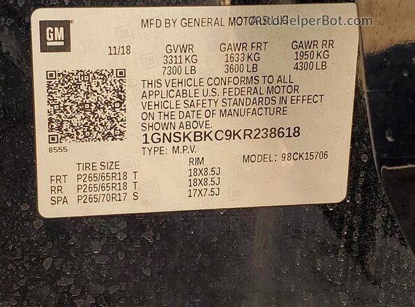 1GNSKBKC9KR238618 2019 CHEVROLET TAHOE Black VIN կոդի պիտակի տեսք