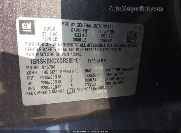 1GNSKBKCXGR205151 2016 CHEVROLET TAHOE Dark Brown ძრავის განყოფილების ხედი