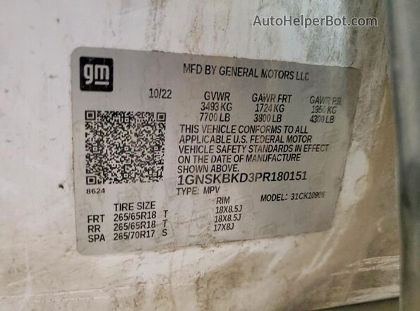 1GNSKBKD3PR180151 2023 CHEVROLET SUBURBAN White VIN sticker view