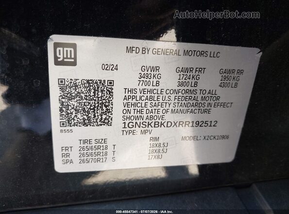 1GNSKBKDXRR192512 2024 CHEVROLET SUBURBAN Черный Вид подкапотного пространства
