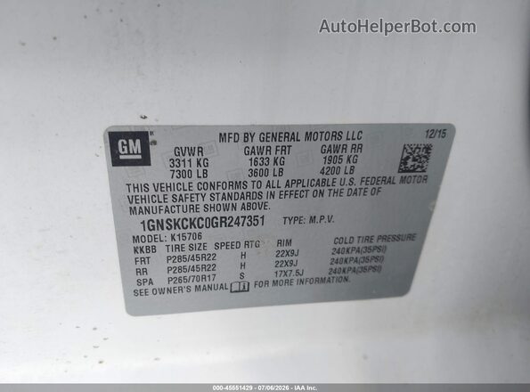 1GNSKCKC0GR247351 2016 CHEVROLET TAHOE White Engine compartment view