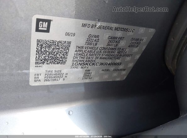 1GNSKCKC3KR400653 2019 CHEVROLET TAHOE Gray Widok komory silnika