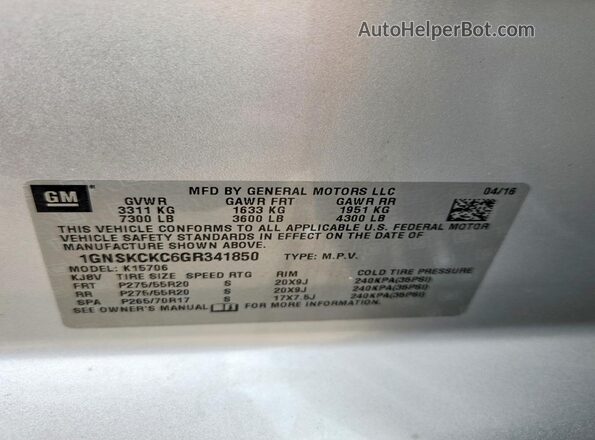 1GNSKCKC6GR341850 2016 CHEVROLET TAHOE Silver Widok wnętrza 360 stopni