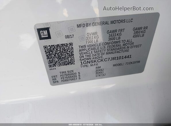 1GNSKCKC7JR101441 2018 CHEVROLET TAHOE White ძრავის განყოფილების ხედი