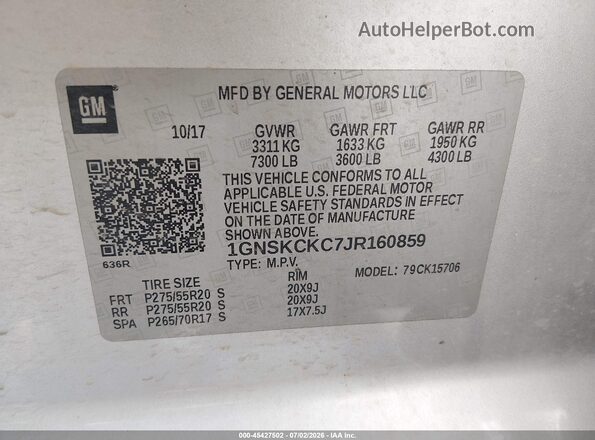 1GNSKCKC7JR160859 2018 CHEVROLET TAHOE Silver Շարժիչի բաժամունքի տեսք