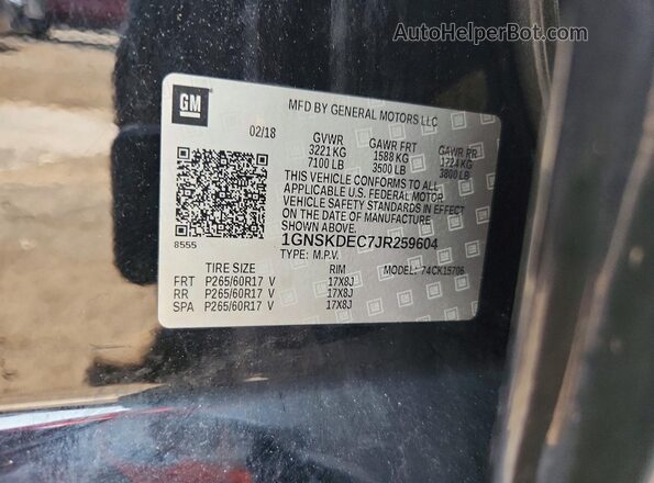 1GNSKDEC7JR259604 2018 CHEVROLET TAHOE Black Widok naklejki z numerem VIN