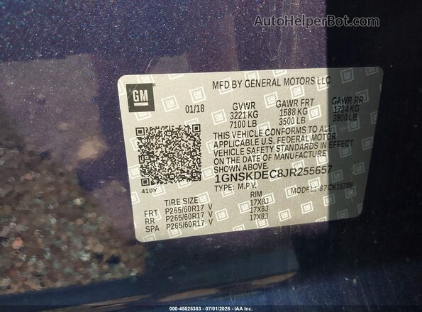 1GNSKDEC8JR255657 2018 CHEVROLET TAHOE Dark Blue Вид підкапотного простору