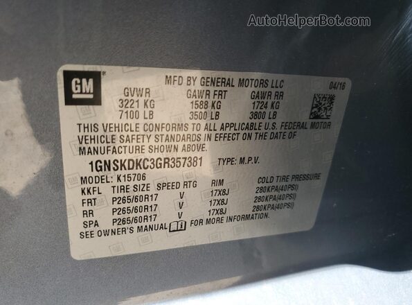 1GNSKDKC3GR357381 2016 CHEVROLET TAHOE Gray 360 interior view
