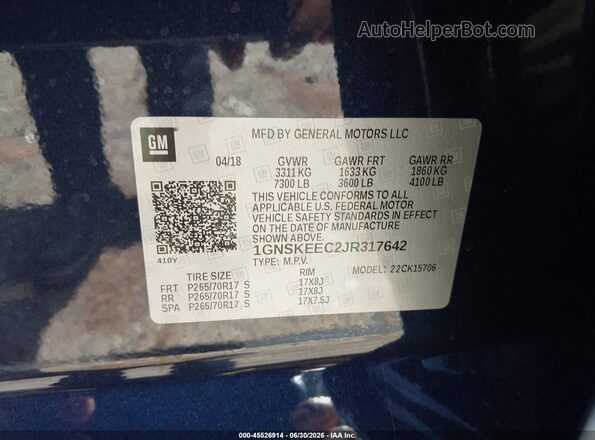 1GNSKEEC2JR317642 2018 CHEVROLET TAHOE Blue Շարժիչի բաժամունքի տեսք