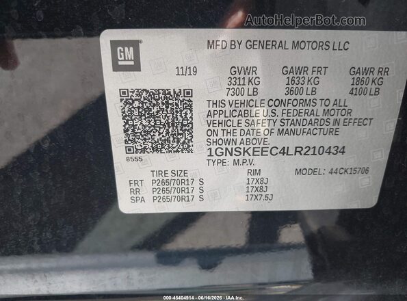 1GNSKEEC4LR210434 2020 CHEVROLET TAHOE Black Widok komory silnika