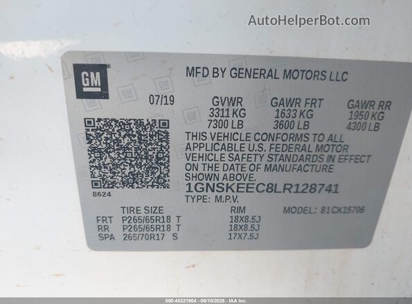 1GNSKEEC8LR128741 2020 CHEVROLET TAHOE White Widok komory silnika