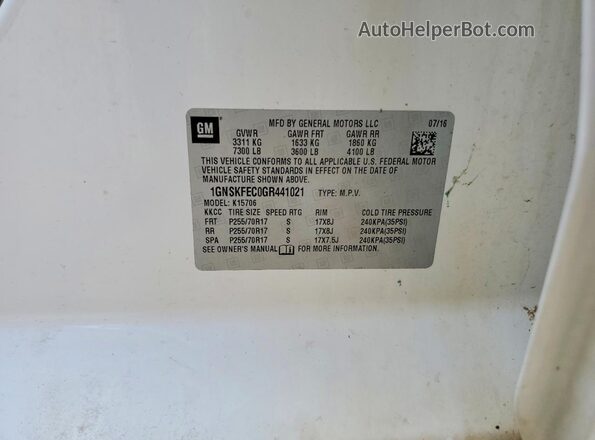 1GNSKFEC0GR441021 2016 CHEVROLET TAHOE White VIN կոդի պիտակի տեսք