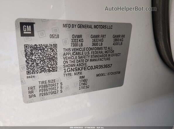 1GNSKFEC0JR353657 2018 CHEVROLET TAHOE White ძრავის განყოფილების ხედი