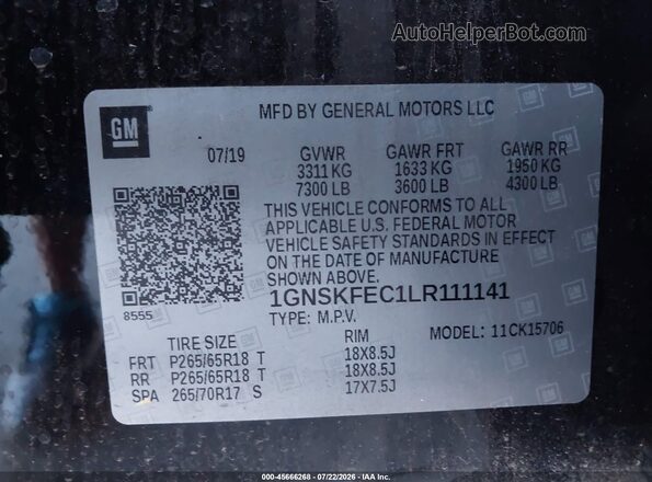 1GNSKFEC1LR111141 2020 CHEVROLET TAHOE Черный Вид подкапотного пространства