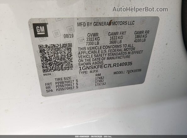 1GNSKFEC7LR140935 2020 CHEVROLET TAHOE White Շարժիչի բաժամունքի տեսք