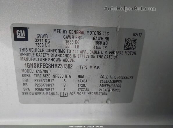 1GNSKFEC8HR231302 2017 CHEVROLET TAHOE White Engine compartment view