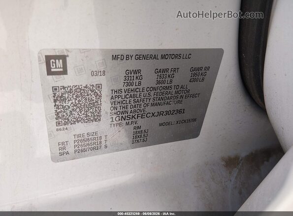 1GNSKFECXJR302361 2018 CHEVROLET TAHOE White Вид підкапотного простору