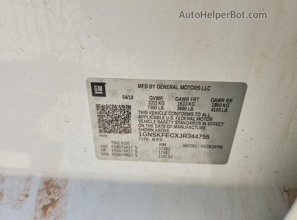 1GNSKFECXJR344755 2018 CHEVROLET TAHOE White Вид наклейки з VIN-кодом