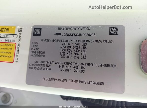 1GNSKFKD8MR336235 2021 CHEVROLET SUBURBAN White Vista del compartimento del motor