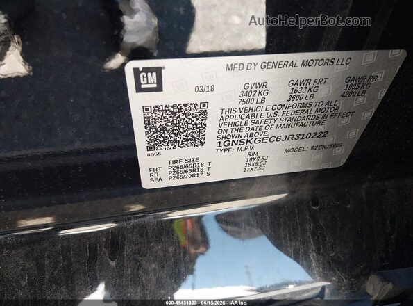 1GNSKGEC6JR310222 2018 CHEVROLET SUBURBAN Black Widok komory silnika
