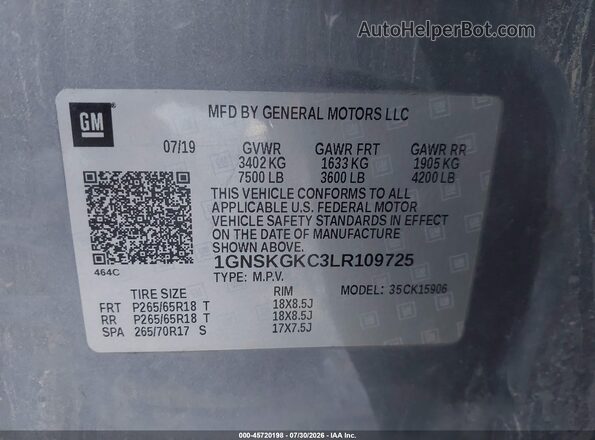 1GNSKGKC3LR109725 2020 CHEVROLET SUBURBAN Gray Widok komory silnika