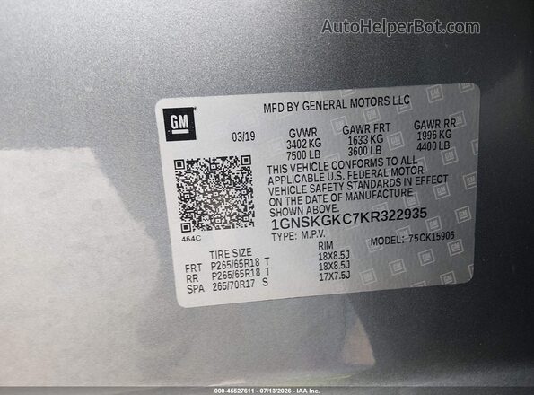 1GNSKGKC7KR322935 2019 CHEVROLET SUBURBAN Gray Engine compartment view