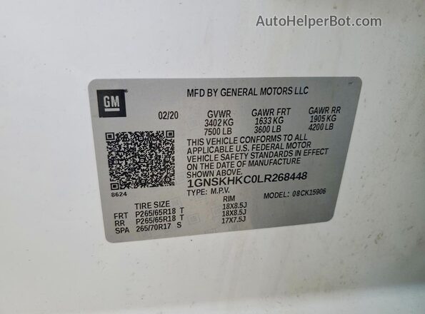 1GNSKHKC0LR268448 2020 CHEVROLET SUBURBAN White VIN sticker view