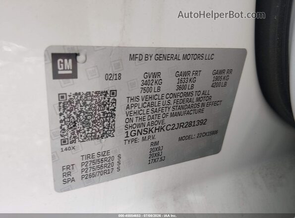 1GNSKHKC2JR281392 2018 CHEVROLET SUBURBAN White Vista del compartimento del motor