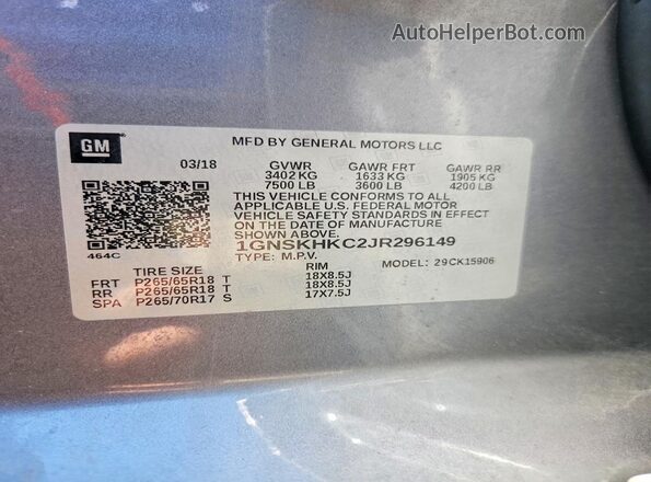 1GNSKHKC2JR296149 2018 CHEVROLET SUBURBAN Gray VIN sticker view