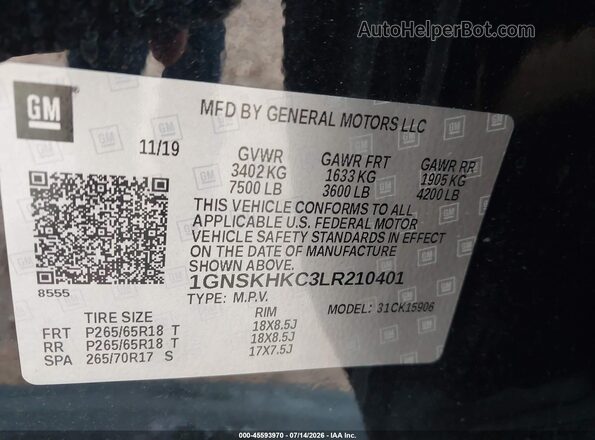 1GNSKHKC3LR210401 2020 CHEVROLET SUBURBAN Черный Вид подкапотного пространства