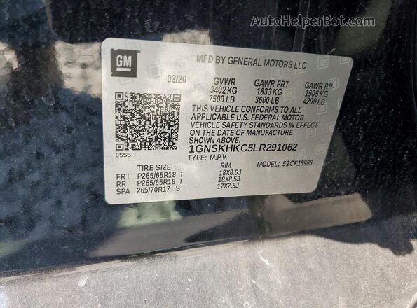1GNSKHKC5LR291062 2020 CHEVROLET SUBURBAN Black Widok naklejki z numerem VIN