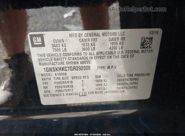 1GNSKHKC7GR292008 2016 CHEVROLET SUBURBAN Black Vista del compartimento del motor