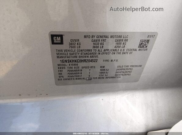 1GNSKHKC8HR204522 2017 CHEVROLET SUBURBAN Silver Engine compartment view