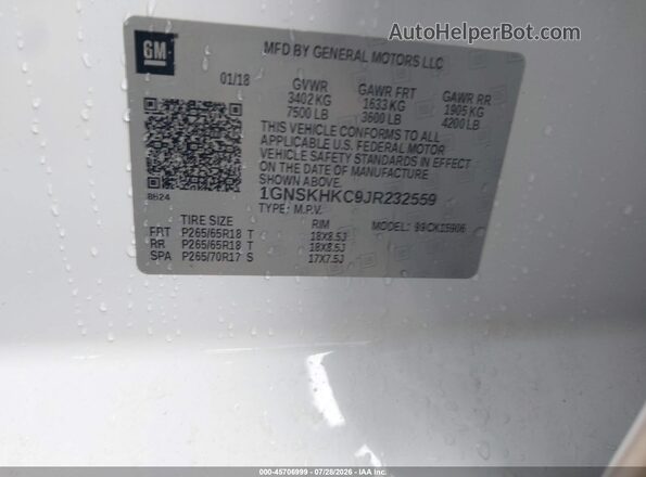 1GNSKHKC9JR232559 2018 CHEVROLET SUBURBAN White Շարժիչի բաժամունքի տեսք