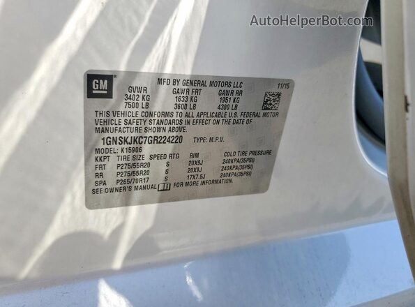 1GNSKJKC7GR224220 2016 CHEVROLET SUBURBAN White Vista interior de 360 grados