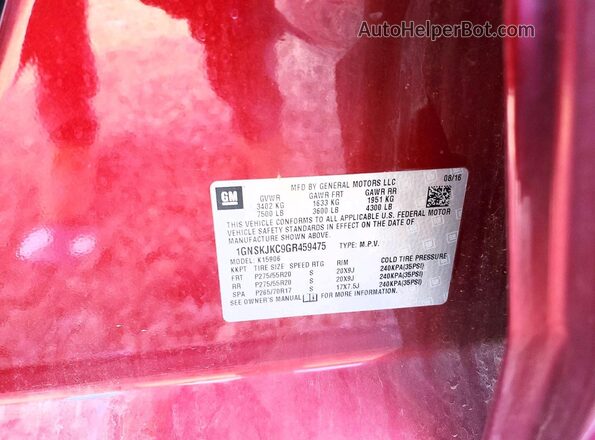 1GNSKJKC9GR459475 2016 CHEVROLET SUBURBAN Maroon VIN կոդի պիտակի տեսք