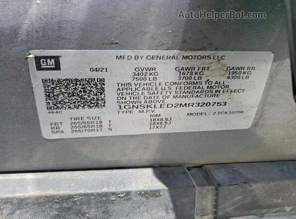 1GNSKLED2MR320753 2021 CHEVROLET TAHOE Gray VIN კოდის სტიკერის ხედი