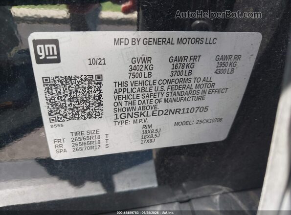 1GNSKLED2NR110705 2022 CHEVROLET TAHOE Black Vista del compartimento del motor