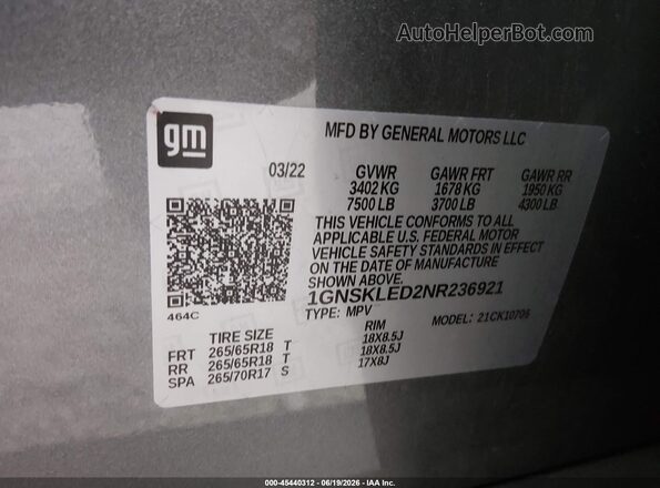 1GNSKLED2NR236921 2022 CHEVROLET TAHOE Gray Widok komory silnika