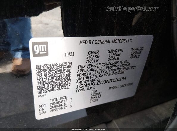1GNSKLED3NR110194 2022 CHEVROLET TAHOE Black Շարժիչի բաժամունքի տեսք