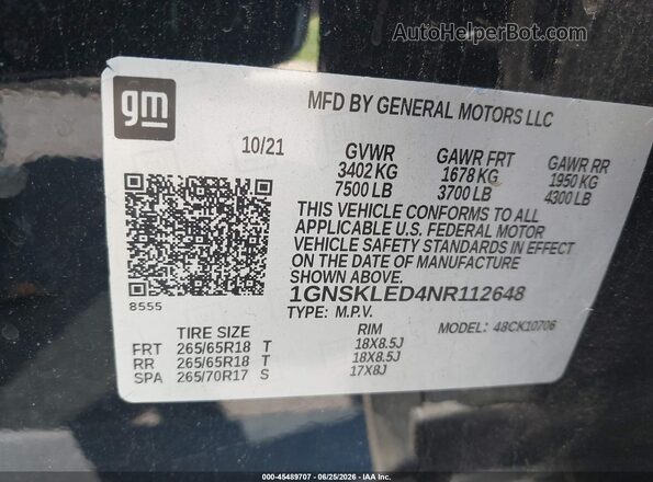 1GNSKLED4NR112648 2022 CHEVROLET TAHOE Black Engine compartment view