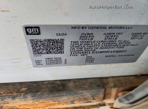 1GNSKLED8RR159803 2024 CHEVROLET TAHOE White VIN კოდის სტიკერის ხედი