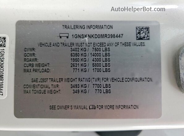 1GNSKNKD0MR398447 2021 CHEVROLET TAHOE Белый Вид наклейки с VIN-кодом
