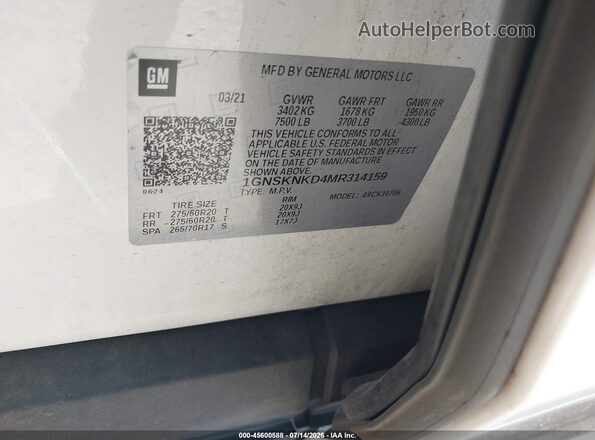 1GNSKNKD4MR314159 2021 CHEVROLET TAHOE White Widok komory silnika