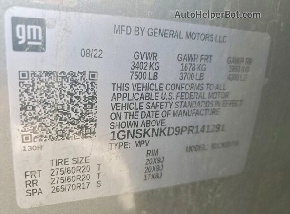 1GNSKNKD9PR141291 2023 CHEVROLET TAHOE Silver VIN კოდის სტიკერის ხედი