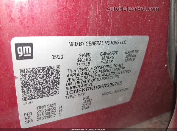 1GNSKRKD6PR398755 2023 CHEVROLET TAHOE Красный Вид подкапотного пространства