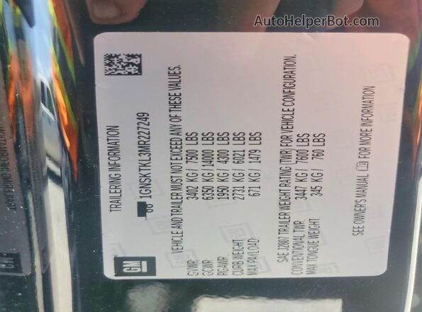 1GNSKTKL3MR227249 2021 CHEVROLET TAHOE Black VIN კოდის სტიკერის ხედი