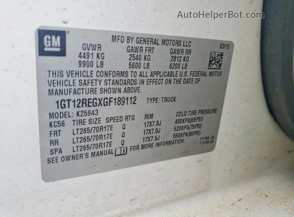 1GT12REGXGF189112 2016 GMC SIERRA White Vista de la etiqueta del VIN