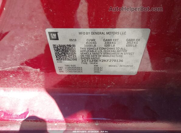 1GT12SEY2KF279136 2019 GMC SIERRA Red Вид підкапотного простору