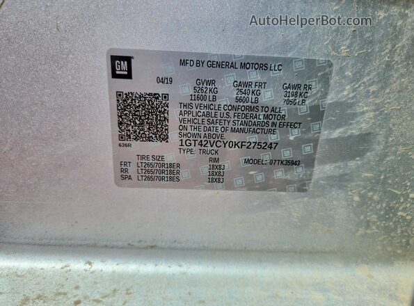 1GT42VCY0KF275247 2019 GMC SIERRA Silver Вид наклейки з VIN-кодом